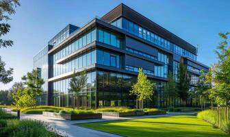 A modern office building with glass windows and green landscaping photo