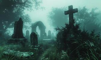 A misty graveyard with eerie tombstones and a ghostly figure in the distance, with open space in the center for a message photo
