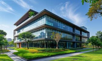 A modern office building with glass windows and green landscaping photo