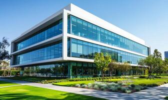 A modern office building with glass windows and green landscaping photo