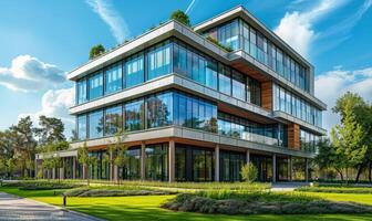 A modern office building with glass windows and green landscaping photo