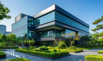 A modern office building with glass windows and green landscaping photo
