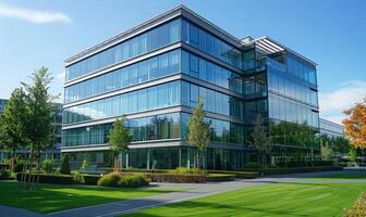 A modern office building with glass windows and green landscaping photo