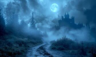 A moonlit path leading to a spooky castle with fog swirling around, leaving space in the center for copy photo