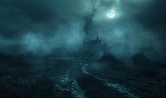 A moonlit path leading to a spooky castle with fog swirling around, leaving space in the center for copy photo