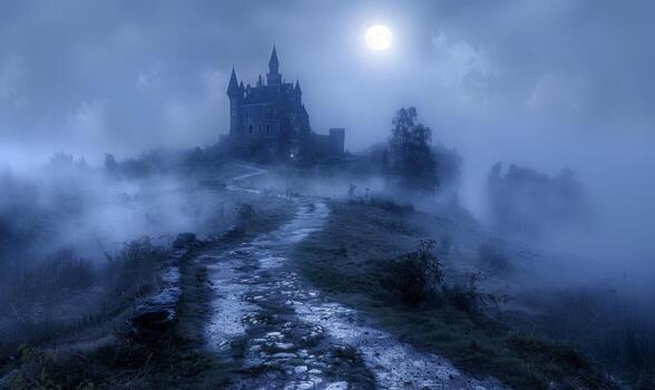 A moonlit path leading to a spooky castle with fog swirling around, leaving space in the center for copy photo
