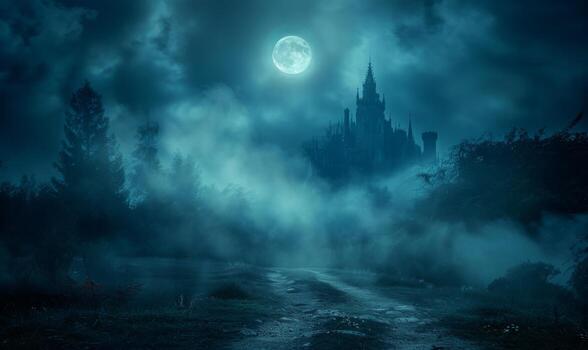 A moonlit path leading to a spooky castle with fog swirling around, leaving space in the center for copy photo