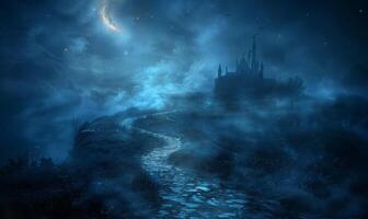 A moonlit path leading to a spooky castle with fog swirling around, leaving space in the center for copy photo