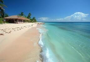 A pristine island beach with a luxurious cabana and well maintained amenities photo
