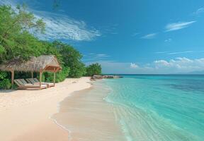 A pristine island beach with a luxurious cabana and well maintained amenities photo