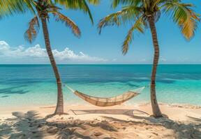A pristine sandy beach with crystal-clear turquoise waters and a hammock between two palm trees photo