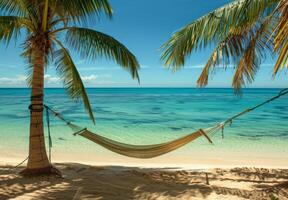 A pristine sandy beach with crystal-clear turquoise waters and a hammock between two palm trees photo