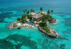 A private island with a luxury spa, surrounded by turquoise waters and palm trees photo