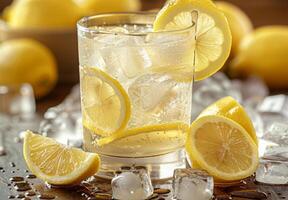 A refreshing glass of lemonade with ice cubes and lemon slices photo