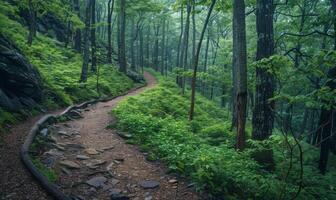 A scenic hiking trail through a lush forest photo