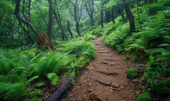 A scenic hiking trail through a lush forest photo