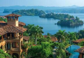 A scenic view of several islands with elegant villas and lush tropical gardens photo