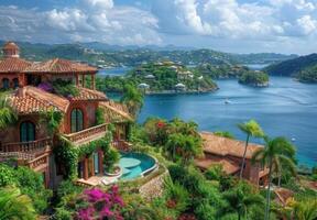 A scenic view of several islands with elegant villas and lush tropical gardens photo