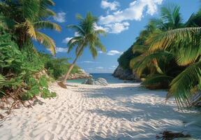 A secluded cove with powdery white sand and gently swaying palm trees photo