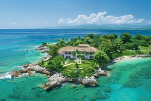 A serene view of an island with a large private villa, surrounded by perfectly manicured grounds and ocean views photo