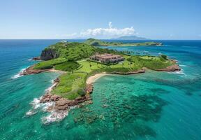 A serene view of an island with a large private villa, surrounded by perfectly manicured grounds and ocean views photo