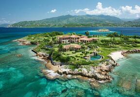 A serene view of an island with a large private villa, surrounded by perfectly manicured grounds and ocean views photo