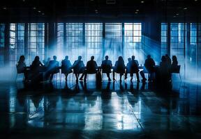 A shadowy conference room setup with indistinct shapes of people around a table photo