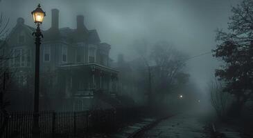 A sinister foggy street with old Victorian houses and a lone streetlamp, with open space on the left for text photo