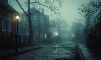 A sinister foggy street with old Victorian houses and a lone streetlamp, with open space on the left for text photo