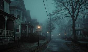 A sinister foggy street with old Victorian houses and a lone streetlamp, with open space on the left for text photo