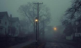 A sinister foggy street with old Victorian houses and a lone streetlamp, with open space on the left for text photo