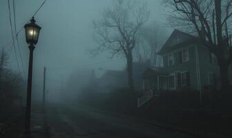 A sinister foggy street with old Victorian houses and a lone streetlamp, with open space on the left for text photo