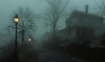 A sinister foggy street with old Victorian houses and a lone streetlamp, with open space on the left for text photo