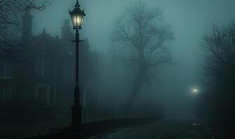 A sinister foggy street with old Victorian houses and a lone streetlamp, with open space on the left for text photo