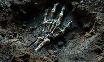A skeleton hand emerging from the ground in a dark cemetery, with open space at the top for a message photo