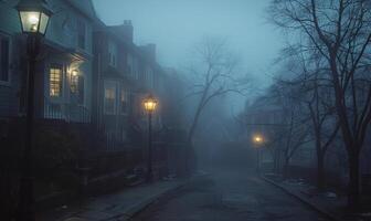 A sinister foggy street with old Victorian houses and a lone streetlamp, with open space on the left for text photo