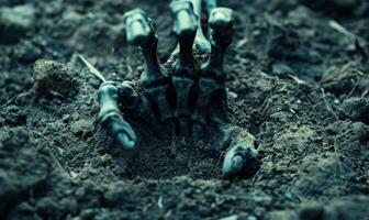 A skeleton hand emerging from the ground in a dark cemetery, with open space at the top for a message photo