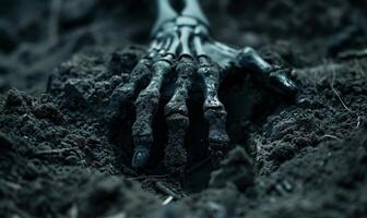 A skeleton hand emerging from the ground in a dark cemetery, with open space at the top for a message photo