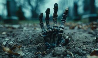 A skeleton hand emerging from the ground in a dark cemetery, with open space at the top for a message photo