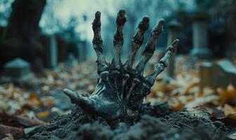 A skeleton hand emerging from the ground in a dark cemetery, with open space at the top for a message photo