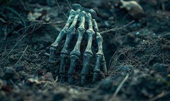 A skeleton hand emerging from the ground in a dark cemetery, with open space at the top for a message photo