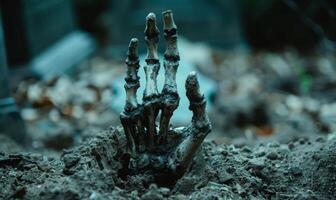 A skeleton hand emerging from the ground in a dark cemetery, with open space at the top for a message photo