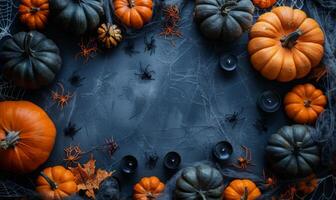 A spooky Halloween flat lay with pumpkins, spider webs, and black candles arranged around a central empty space photo