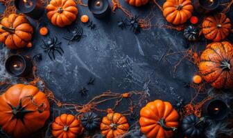 A spooky Halloween flat lay with pumpkins, spider webs, and black candles arranged around a central empty space photo