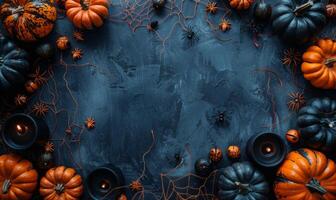 A spooky Halloween flat lay with pumpkins, spider webs, and black candles arranged around a central empty space photo