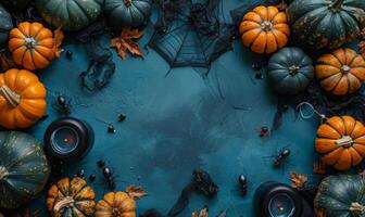 A spooky Halloween flat lay with pumpkins, spider webs, and black candles arranged around a central empty space photo