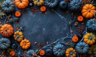 A spooky Halloween flat lay with pumpkins, spider webs, and black candles arranged around a central empty space photo