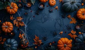 A spooky Halloween flat lay with pumpkins, spider webs, and black candles arranged around a central empty space photo