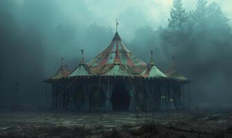 A spooky carnival tent with faded colors and eerie shadows, leaving space at the top for copy photo