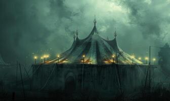 A spooky carnival tent with faded colors and eerie shadows, leaving space at the top for copy photo